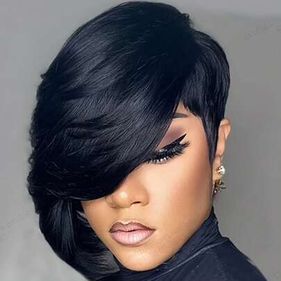 直发假发片 5 英寸*5.5 英寸，大面积覆盖，无刘海，4 个发夹，自然刘海，真人发假发片 #1B