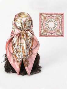 LUXE SCARF 90x90cm 馬術印花聚酯纖維方巾，奢華復古風，粉色鏈條與扣環圖案，多用途頸部與頭部圍巾 - 淺粉色 - 查看 6