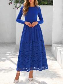 Women Casual Eyelet Long Sleeve Crewneck A-Line Boho Maxi Dresses Spring Autumn Hawaii Wedding Guest Holiday Vacation Long Dress Pockets Outfits - Màu xanh lam - Xem 4