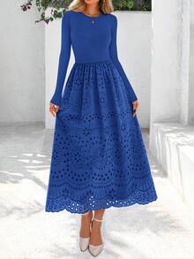 Women Casual Eyelet Long Sleeve Crewneck A-Line Boho Maxi Dresses Spring Autumn Hawaii Wedding Guest Holiday Vacation Long Dress Pockets Outfits - Màu xanh lam - Xem 5