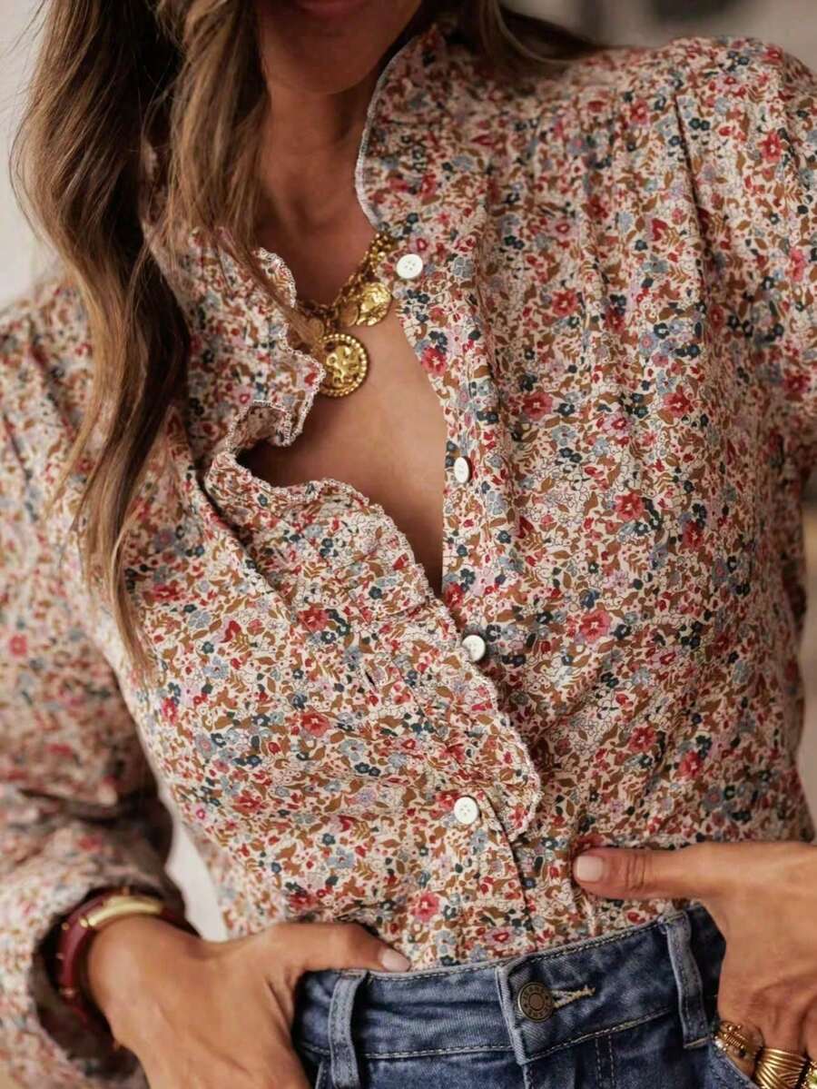 Polyester Allover Print Button Pleated Hem Women Shirt, Suitable For Daily, Date, Travel, Spring/Summer - Multicolor - View 1