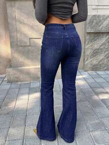 GILIPUR Y2K 女式微喇叭牛仔裤，配腰带，高腰修身，深蓝色水洗，优雅时尚的欧美休闲街头风春季单品 - 寶藍色 - 查看 8