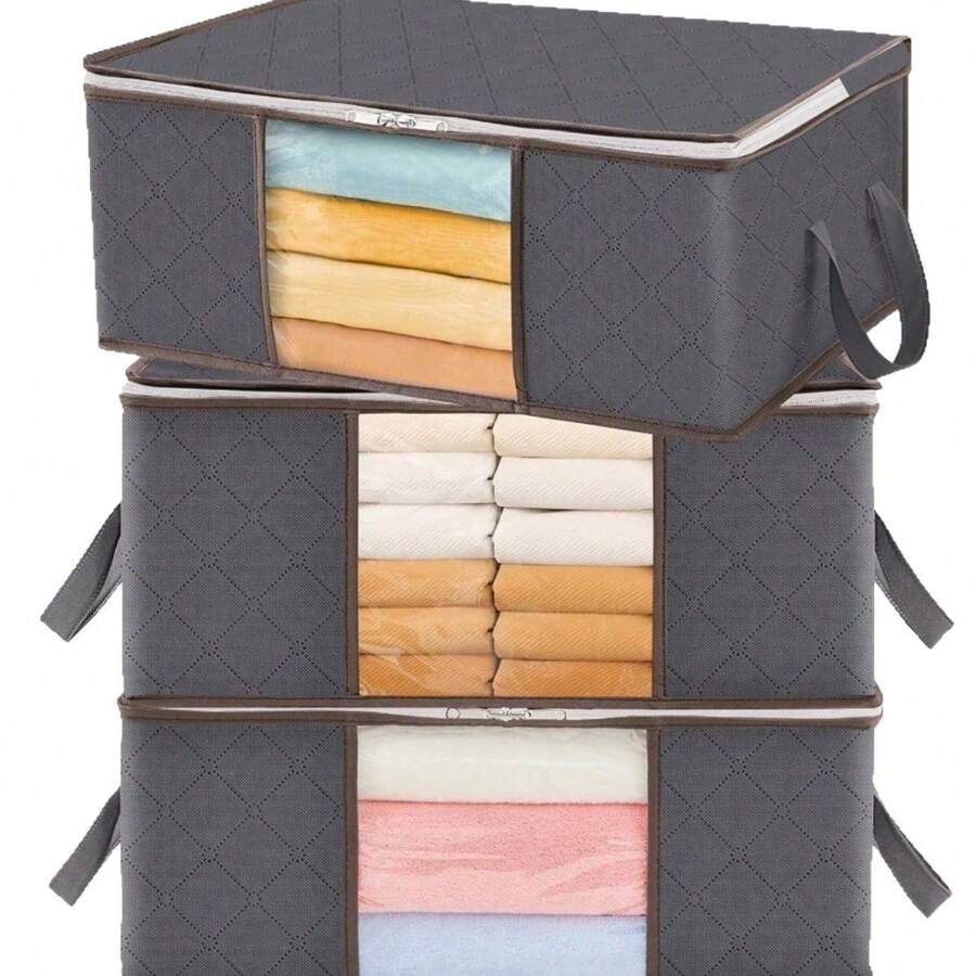 3pcs Multi-Functional Storage Bags, Gray Foldable Clothes Storage Boxes With Lids And Handles, Made Of Quality Fabric With Transparent Window For Easy Viewing, Suitable For Bedding, Clothes, Large Capacity Organizer Bags, Zipper Closure, Seasonal Clothing Storage, Nightstand & Under Bed Storage