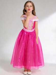 Vestido plisado con bloques de color lindo para niña, adecuado para fiestas y banquetes - Rosa Fucsia - Ver 4
