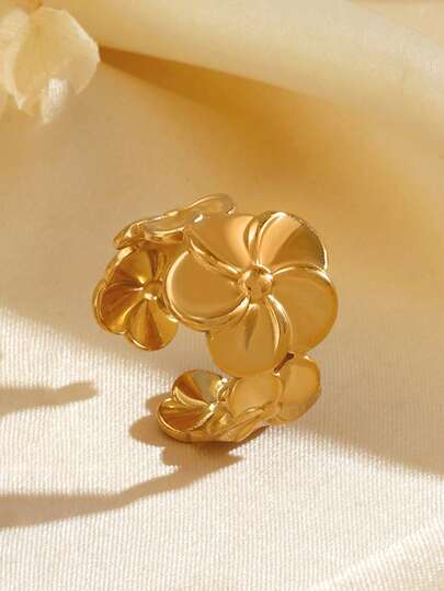 1pc Stainless Steel 18K Gold Plated Vintage Floral Ring, Suitable For Women's Daily Wear, Dates, Holidays Gift