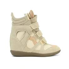 Hidden Wedge Sneakers For Women High Top Fashion Sneaker Suede High Heel Platform Tennis Triple Strappy Band Casual Vintage Dressy Comfy Campus  Retro Sneaker - 米黃 - 查看 4