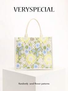 1pc Colorful Sequin & Mesh Patchwork Linen Tote Bag, Fashion Floral & Leaf Embroidery Design, Large Capacity Square Shoulder Bag, Casual Vacation Style Shopping Bag (Floral Pattern Randomly Distributed) - Green - View 11