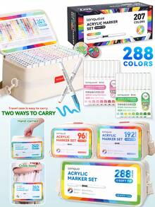 Bộ 207 bút dạ acrylic màu, đầu mềm, dung lượng lớn, nhiều màu, chống thấm nước, thích hợp vẽ graffiti trên giấy, đá, vải bố, gỗ, thủy tinh, gốm sứ và vải, bút khô nhanh, dụng cụ mỹ thuật. - Bộ - Xem 1