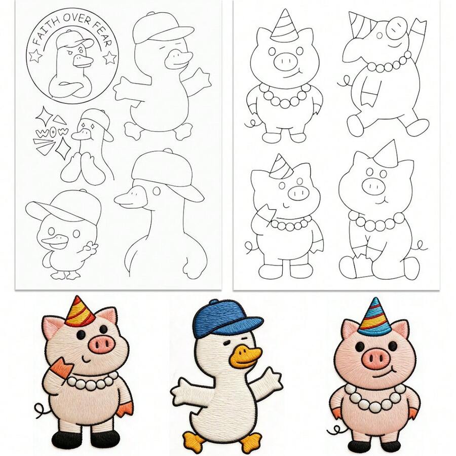 Water Soluble Embroidery Patterns Stabilizers - Pre-Printed Funny Cat, Lion, Pig & Duck Designs - Stick & Stitch Embroidery Paper For Hand Sewing Lovers - A255 - View 1