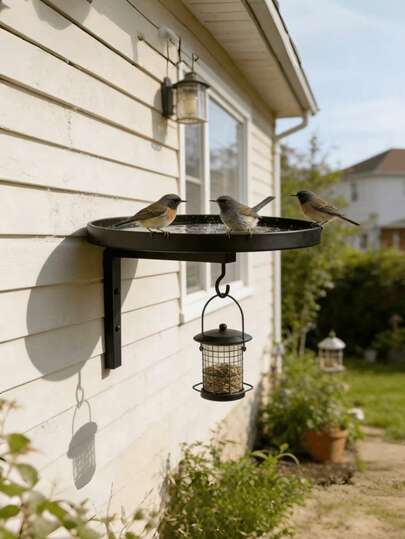 壁挂式金属鸟浴盆，带喂食挂钩，耐用金属鸟浴盆，适合户外使用，易于安装，是花园、庭院和围栏的理想之选，非常适合野生鸟类。