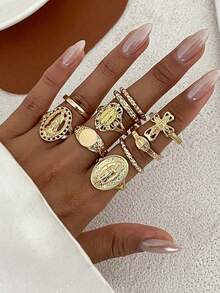 10pcs Exaggerated Rhinestone Crown & Cross Punk Fashion Finger Rings, Suitable For All Occasions, Great Gift Choice, Versatile For Daily Wear, Festive Occasions, And Social Gatherings. An Excellent Gift Choice For Partners, Family, And Friends. - Guld - Visa 1