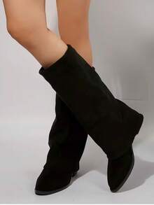 Suede Knee-High Boots For Autumn/Winter, French Style With Chunky Heel And Pointed Toe. Ref 9002 - màu đen - Xem 4