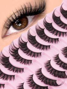 10 Pairs Cat-Eye False Eyelashes, Fluffy Layered Wispy Lashes With Realistic Mink Effect, Natural-Looking Extended Strip Lashes For Makeup, Parties, Festivals, Weddings, Halloween & Daily Glam - 黑色 - 查看 7