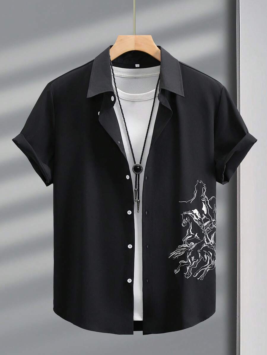 Men's Embroidered Short Sleeve Casual Shirt, Spring/Summer - Black - View 1