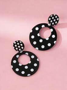 1 Pair Fashion Black & White Polka Dot Acrylic Geometric Water Drop Round Dangle Earrings, Suitable For Daily Wear - Black and White - View 6