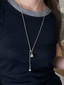 Korean Minimalist Adjustable Silver Water Drop Tassel Necklace, Versatile Elegant Layered Titanium Steel Choker Necklace Accessory For Women - Silver - View 2