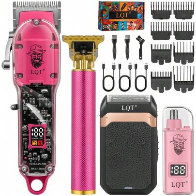  LQT Professional Men's Haircut And Shaving Kit - Cordless Hair Clipper, Beard Trimmer, Ear & Nose Hair Trimmer & Electric Shaver, 4-Piece Set/2-Piece Set/Single Item Available, USB Rechargeable Wireless Grooming Tools With LED Display, Lithium Battery, Suitable For Beginner Barbers And Home Use, Great Gift Choice For Holidays