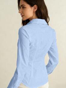 Áo sơ mi nữ thanh lịch mùa xuân/thu mới, áo sơ mi dài tay màu xanh thời trang cài cúc với thiết kế bèo nhún, phong cách cao cấp tinh tế, vẻ ngoài tối giản chuyên nghiệp, phù hợp cho những buổi hẹn hò thường ngày. - Màu xanh nhạt - Xem 4