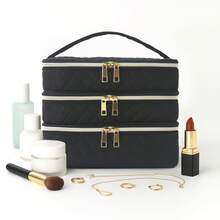 Three-Layer Cosmetic Bag, Large-Capacity Cosmetic Organizer, Quilted Travel Toiletry Bag, Gold Zipper, Women's Portable Makeup Case. This Stylish Three-Layer Cosmetic Bag Features A Sophisticated Quilted Design And Durable Construction, Perfectly Organizing All Your Beauty Essentials. - Multicolor - View 4