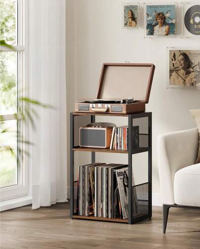 Soporte para tocadiscos, mesa lateral de 3 niveles, discos para la sala de estar y el dormitorio