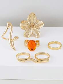 5 pièces Ensemble de bagues fleuries en faux gemmes orange exagérées personnalisées pour femmes, design ouvert réglable, convient pour le port quotidien, les sorties, les fêtes, la superposition - Or jaune - Voir 6