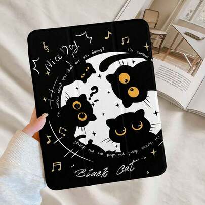 1 pieza Funda protectora triple plana giratoria a 360° con ranura para lápiz, adecuada para estudiantes y trabajadores de oficina, compatible con iPad 10.2 8/ Air 11/ Pro 13/ Pro 12.9/ 9.7/ Mini 6/7, MatePad 11.5"/10.4"/SE 11", Honor Pad V8 Pro 12.1"/8 12", Pad 5/Pad 6S Pro/Pad 7/6, diseño de nota musical de gato