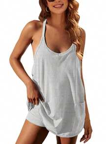 Women Athletic Mini Dresses Built-In Shorts Set Summer Sleeveless Sundress Hot Shot Mini Dress - 麻灰 - 查看 1