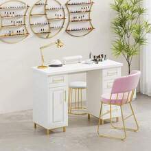 43 Inch Nail Tech Desk For Nail Tech, Wooden Manicure Table With Storage, Nail Table With 5 Drawers And Cabinet, Manicure Desk Nail Station, Pink/ Black/ White - 白色 - 查看 8
