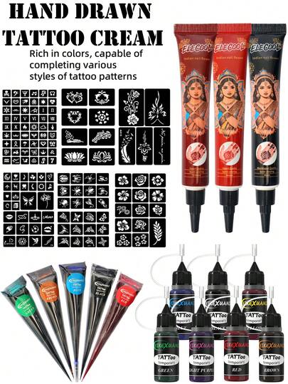 yikexuanli 3/5/7 Colors Henna Temporary Tattoo Paste, 3 Sheets Hollow Template Tattoo Stickers, Colorful & Versatile Designs For Holiday, Party, Costume, Waterproof Semi-Permanent Tattoo Set For Men & Women