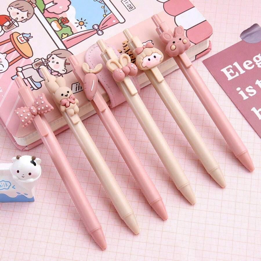 Bộ 12/4/3/1 bút bi mực gel đen 0.5mm bằng nhựa, thân bút bấm màu hồng kem dễ thương dành cho bé gái, 6 kiểu được giao ngẫu nhiên, vật dụng thiết yếu/bán chạy nhất cho mùa tựu trường của học sinh.