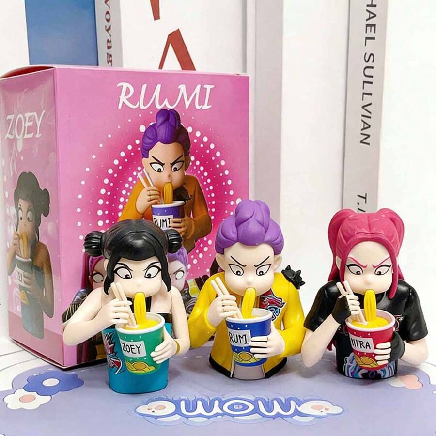Miniso 名创优品 K-Pop 恶魔猎人 Rumi、Zoey、Mira 乙烯基人偶，可爱偶像女团吃面雕像收藏桌面摆件礼物，生日、圣诞节、开学季送给家人和朋友的完美礼物，办公桌办公用品办公配件