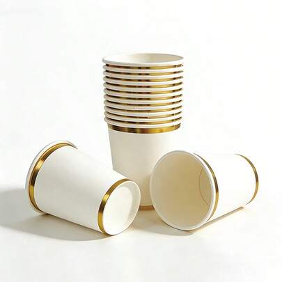10pcs/20pcs/50pcs White With Gold Rim Paper Cups, Elegant For Wedding, Birthday, Baby Shower, Bridal Shower, Graduation, Party Supplies, Desktop Decor For Men And Women