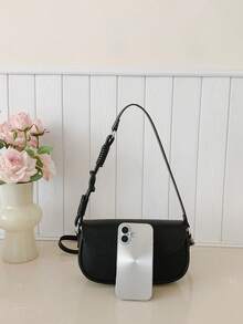 1pc Women's Solid Color PU Shoulder Crossbody Bag, Fashionable Retro Flap Bag Suitable For Holding Phone, Commuting, Shopping, Gift - Black - View 4