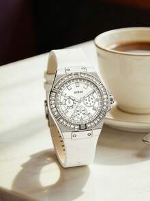 Guess Women's White Silicone Strap, Silver Metal Case Inlaid Rectangular Crystal Multi-Function Sparkling Fashion Elegant Style Versatile Watch, Suitable For Party, Wedding, Daily Wear - Silver - View 4