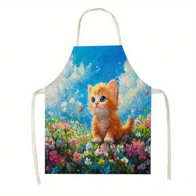 1 chiếc tạp dề nhà bếp kiểu tranh sơn dầu hình mèo con với họa tiết hoa, thích hợp cho nhà bếp, phòng khách, phòng ăn, khách sạn, tiệc nướng ngoài trời, v.v., được làm từ 100% polyester, có thể giặt máy.
