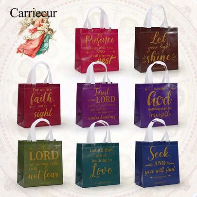 CARRIECUR Túi quà tặng in câu Kinh Thánh có thể tái sử dụng, có tay cầm, túi tote vải không dệt in chữ kinh thánh truyền cảm hứng mạ vàng, nhiều loại túi quà tặng in câu nói tôn giáo cho nhà thờ, học Kinh Thánh, lễ rửa tội, quà tặng Cơ đốc giáo, sinh nhật, đám cưới, Giáng sinh, Lễ Phục sinh, ngày lễ