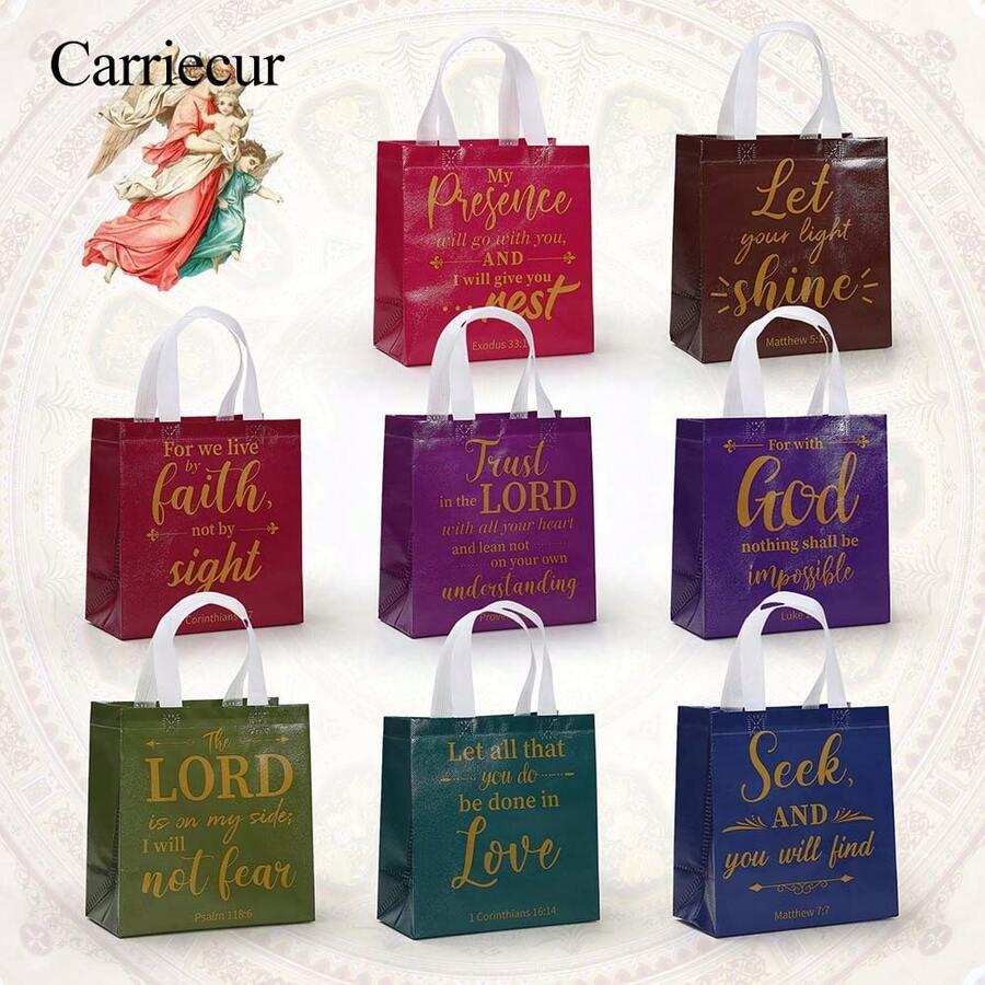 CARRIECUR Túi quà tặng in câu Kinh Thánh có thể tái sử dụng, có tay cầm, túi tote vải không dệt in chữ kinh thánh truyền cảm hứng mạ vàng, nhiều loại túi quà tặng in câu nói tôn giáo cho nhà thờ, học Kinh Thánh, lễ rửa tội, quà tặng Cơ đốc giáo, sinh nhật, đám cưới, Giáng sinh, Lễ Phục sinh, ngày lễ - Xem 1