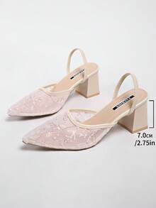 新款中国风白色高跟穆勒鞋，尖头蕾丝刺绣可转换凉鞋，女士款 - 粉色 - 查看 7