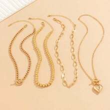 4PC Women's Fashion-Hop Beaded Set Necklace, Versatile Geometric OT Short Love Female Collarbone Chain - Bộ vàng - Xem 4