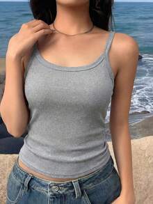 Women's Casual Versatile Solid Color Fitted Camisole - Grey - View 3