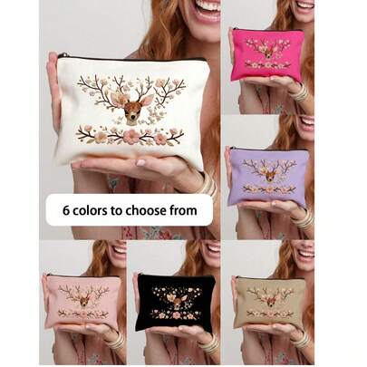 Bolsa de maquillaje con estampado de flores y ciervos 2D, bolsa de cosméticos con cremallera con elegante estampado de animales del bosque y flores, organizador de maquillaje de gran capacidad para el cuidado de la piel, artículos de tocador y accesorios de belleza, bolsa de almacenamiento de cosméticos portátil para bolso, bolso o maleta, perfecta para uso diario, viajes, vacaciones y gimnasio, regalo estético para niñas, mamá y amigos para cumpleaños, Día de la Madre, San Valentín, Navidad