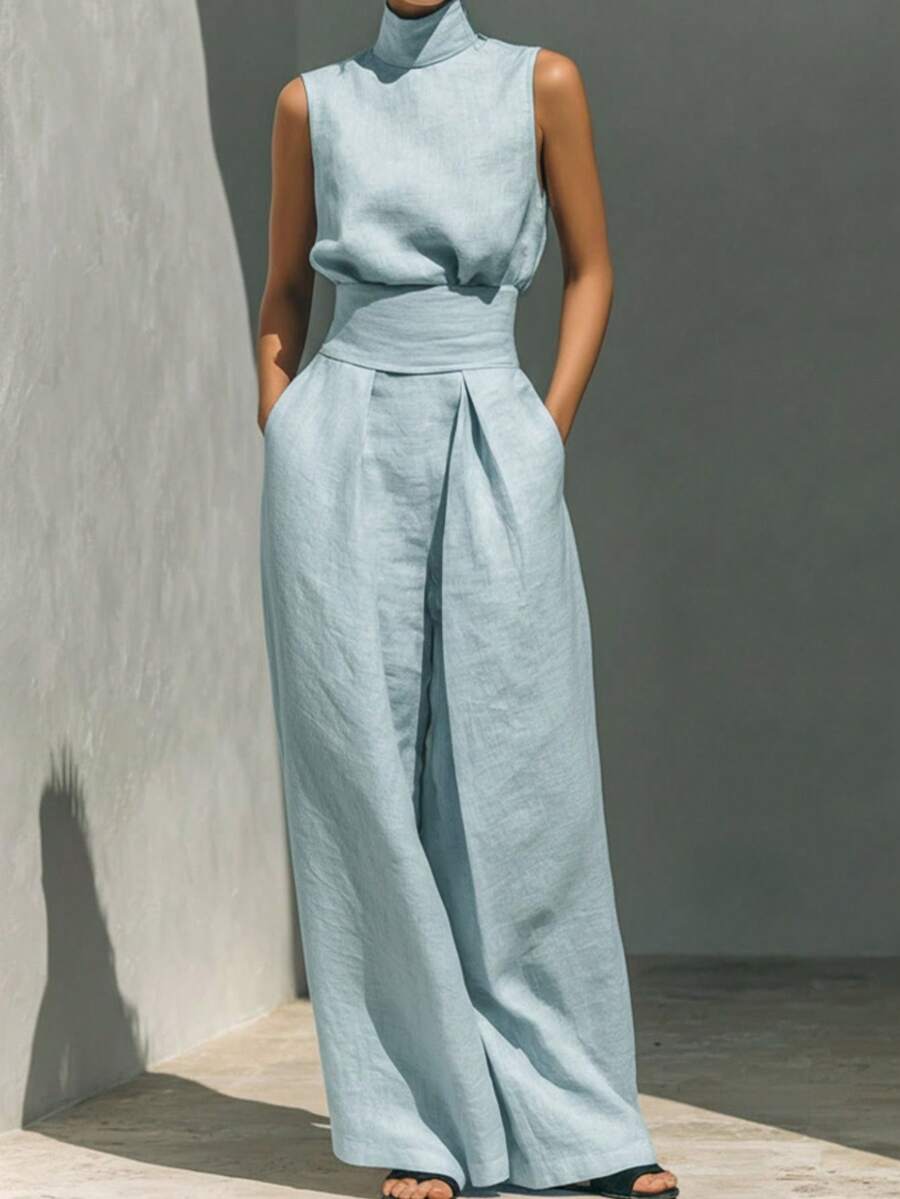 Women's Casual Solid Color Sleeveless Top Pants Set - Baby Blue - View 1