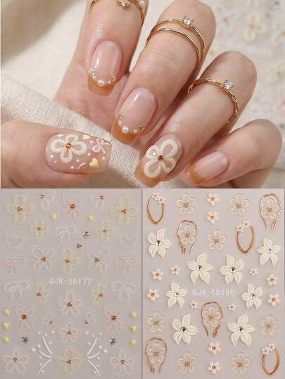 2 miếng dán móng tay dập nổi 5D - Hoa trắng trang nhã với viền vàng và họa tiết trái tim, thích hợp cho các lễ hội âm nhạc, tiệc tùng, kỳ nghỉ, trang trí móng tay DIY.
