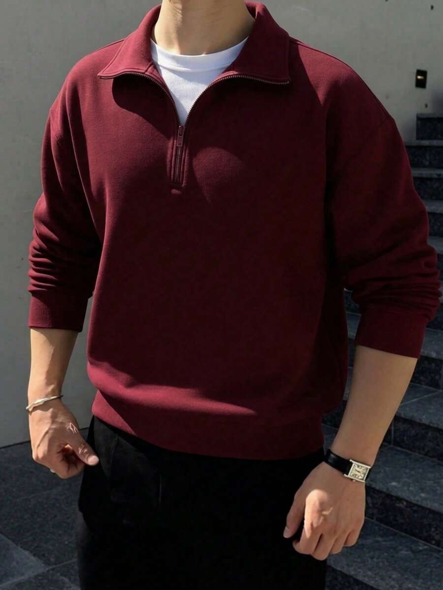 1pc Men's Loose Fit Half-Zip Collar Lightweight Solid Color Long Sleeve Sweatshirt, New Style