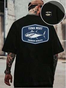 Camisetas gráficas de pesca de atún, suaves, estampadas a doble cara, de poliéster y algodón, suaves al tacto, de gran tama?o, urbanas, suaves, esenciales para el día a día. - Negro - Ver 1