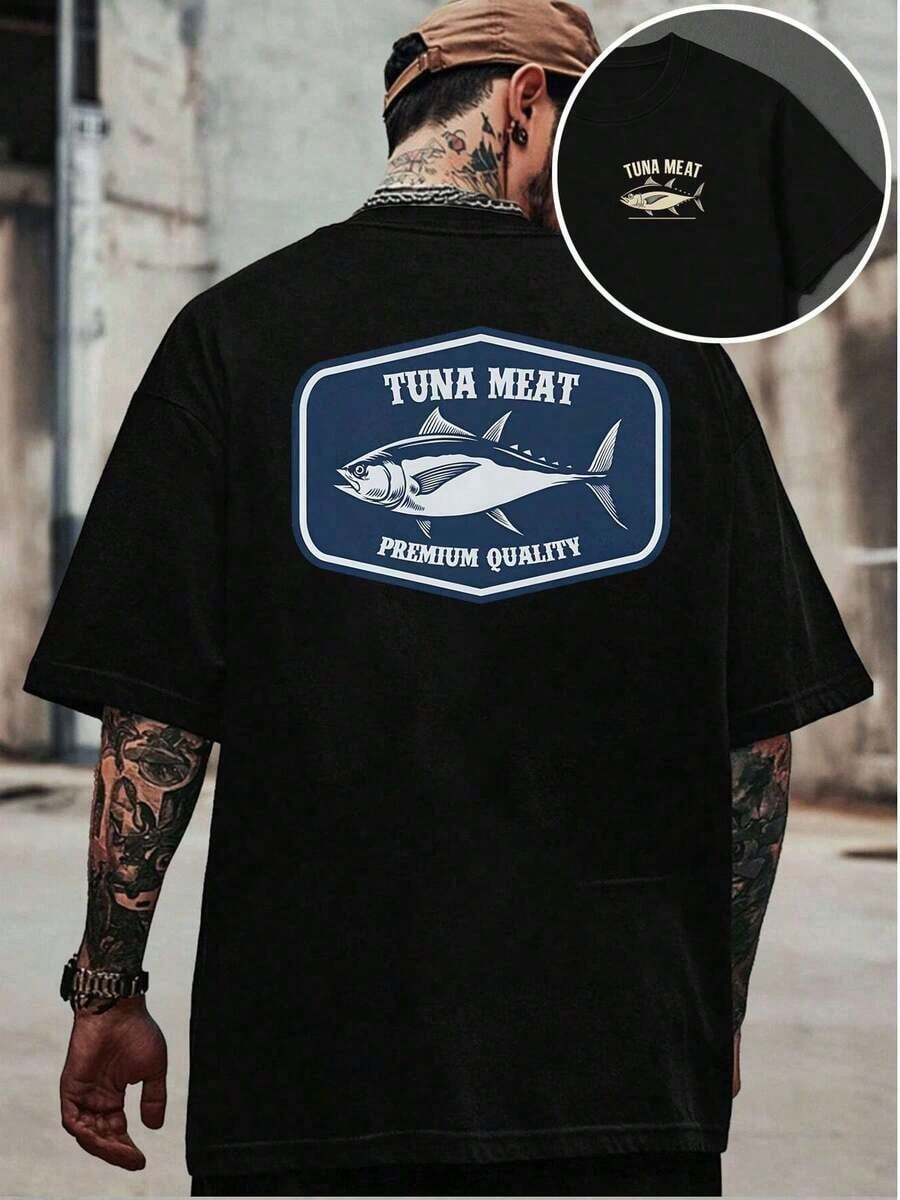 Camisetas gráficas de pesca de atún, suaves, estampadas a doble cara, de poliéster y algodón, suaves al tacto, de gran tama?o, urbanas, suaves, esenciales para el día a día. - Negro - Ver 1