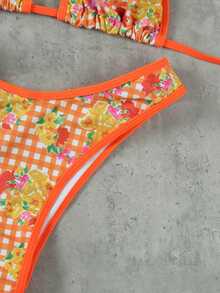 Conjunto de bikini y tanga triangular con estampado floral y escote halter sexy para mujer, ideal para la playa en verano - Multicolor - Ver 7