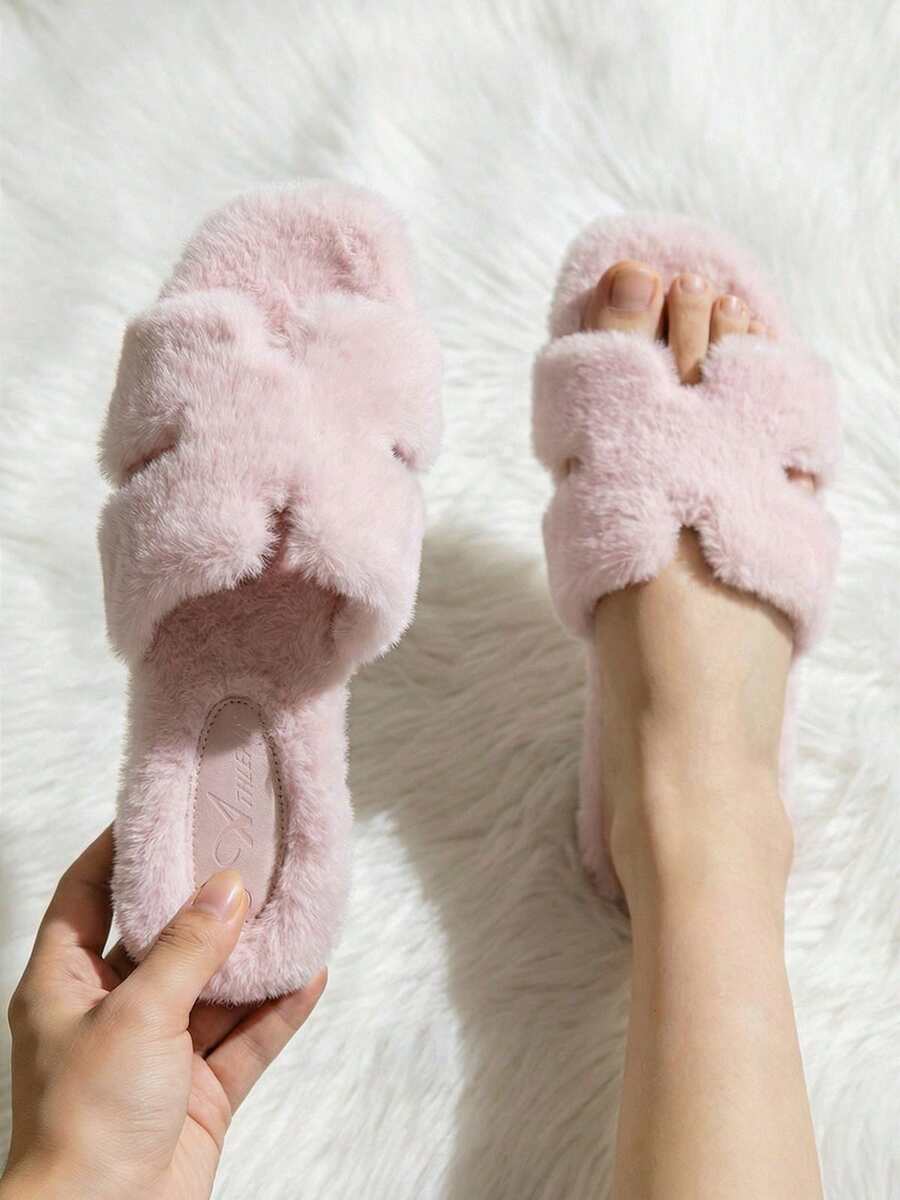 Athlefit Women Cozy Fuzzy Open Toe Slide Slippers Soft Fluffy House Shoes Non-Slip Indoor Comfortable Bridesmaid Gift Bedroom Slippers - 粉色 - 查看 1