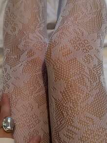 女士白色花卉蕾丝连裤袜，透明图案，优雅酒红色网眼丝袜 - 白色 - 查看 5