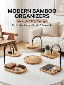 Bandeja de almacenamiento de bambú de doble capa con marco de hierro negro, ideal para organizar cosméticos en el baño, como estante para encimeras de cocina o como expositor para la decoración del hogar. - cuadrado - Ver 2